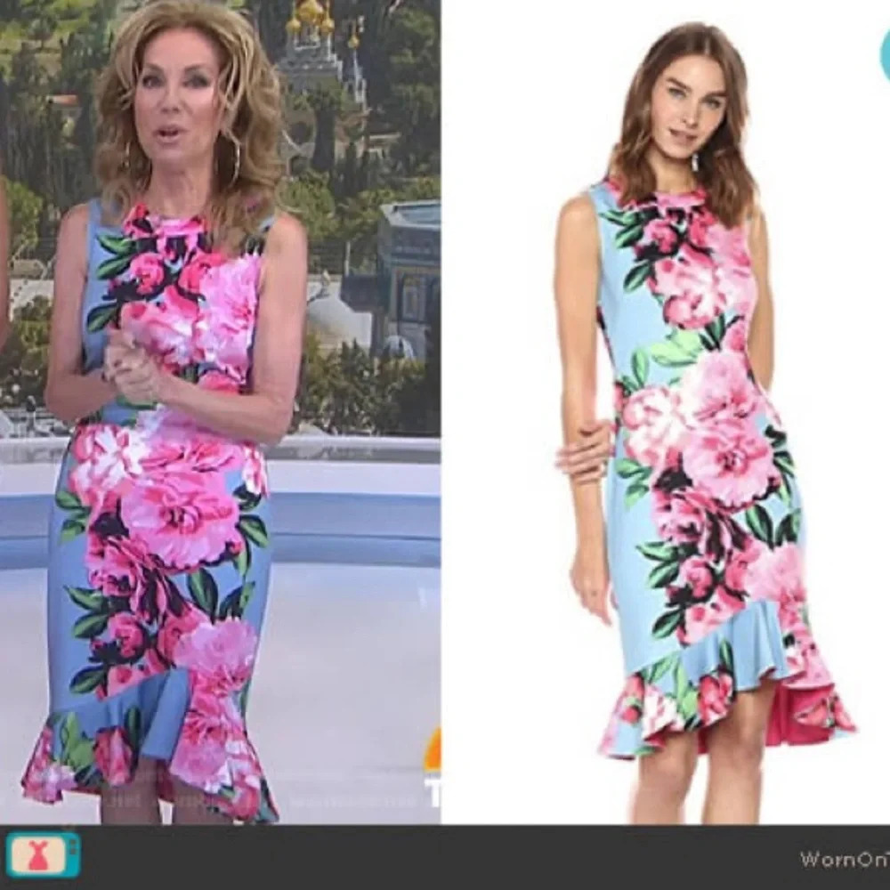 VINCE CAMUTO Pink and blue floral ruffle midi dress Size 14